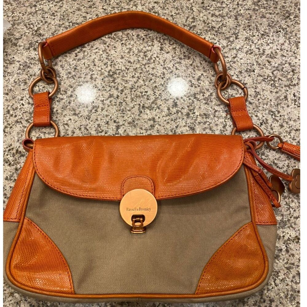 Russell & Bromley Beige Canvas Vintage Bag Orange Leather Heart Charms Tassel